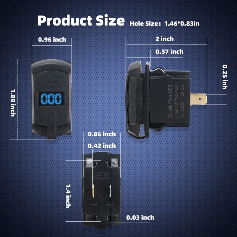 cnaodun 4.2A USB Rocker Switch Dual USB Charger Socket with Waterproof Cover Blue Led Voltmeter for Rocker Type Marine Switch Panel On Marine Rv Vehicles… - Image 2